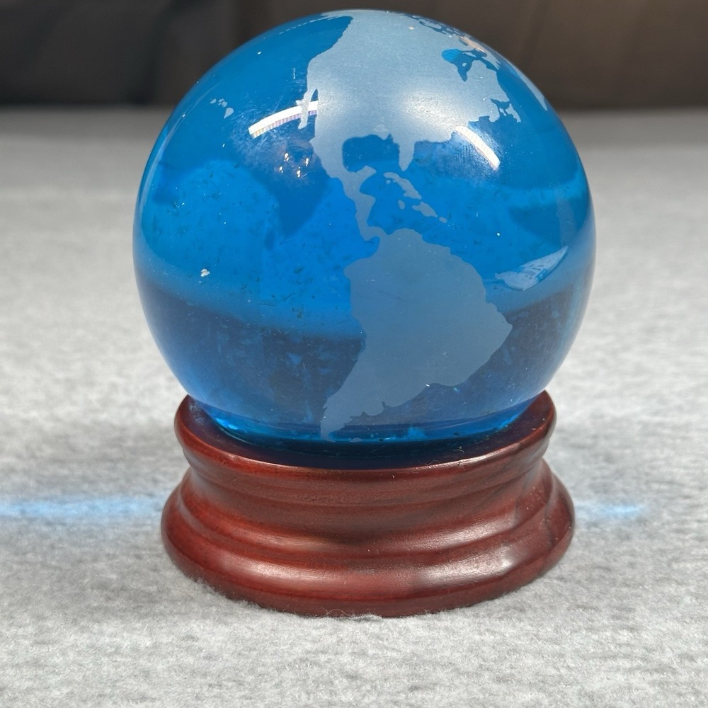 Blue Liquid-Filled Art Glass World Globe on‎ Mahogany Base - Desk Decor